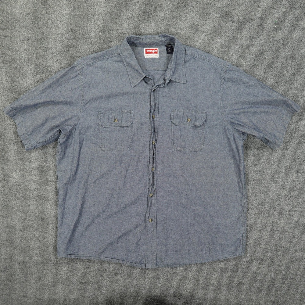 Wrangler Shirt Mens XXL Blue Chambray Short Sleeve Button Front Workwear Casual